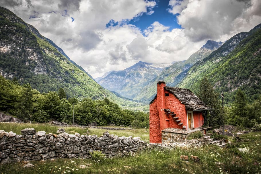 red, black, brick house, surrounded, mountains, nature, switzerland, landscape, alpine, home