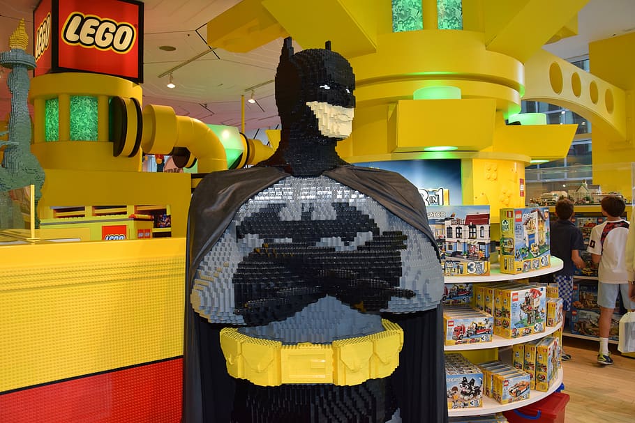 lego batman statue, front, store, new york, travel, lego, bat man, super hero, figure, representation