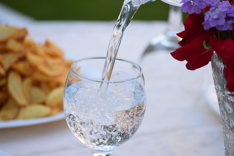 water, pouring, wine glass, bottle, mineral water, bottle of water, drinking water, plastic, liquid, blue