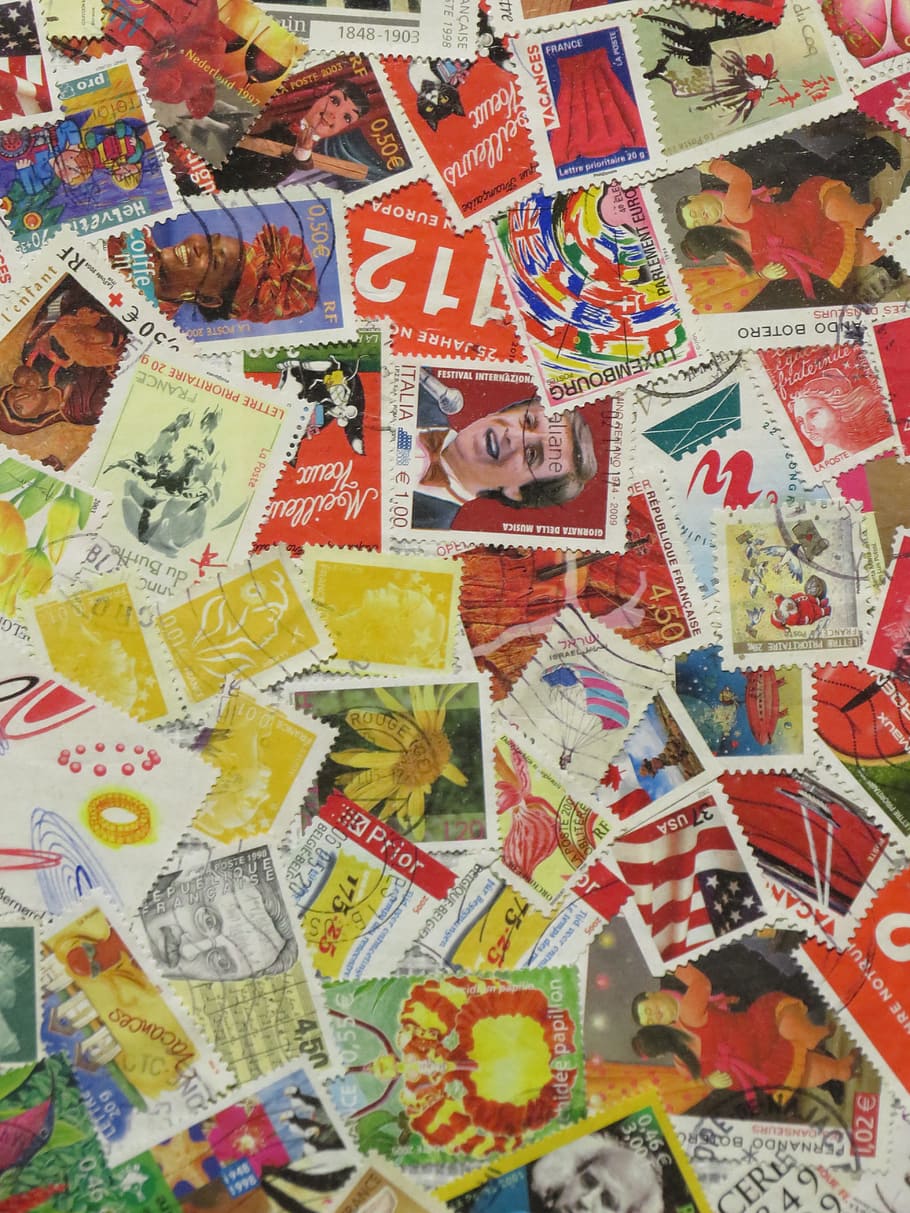 perangko, dunia, pertukaran global, bingkai penuh, latar belakang, komunikasi, surat, multi-warna, di dalam ruangan, representasi