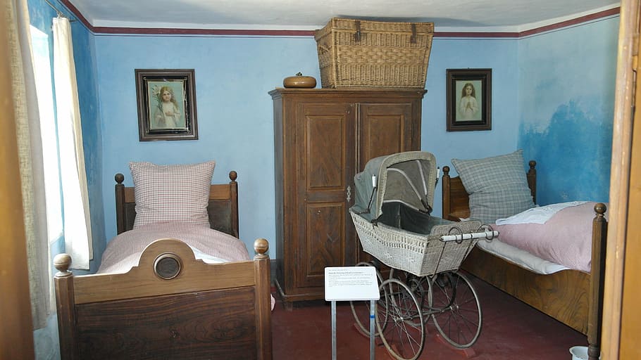 bayi, abu-abu, kereta dorong bayi, dua, bingkai tempat tidur, tempat tidur, kamar tidur, antik, tidur, rasa rindu