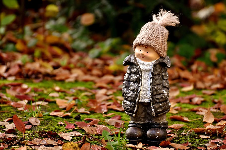 boy, wearing, black, bubble jacket, knit, cap figurine, figure, deco, forest, autumn