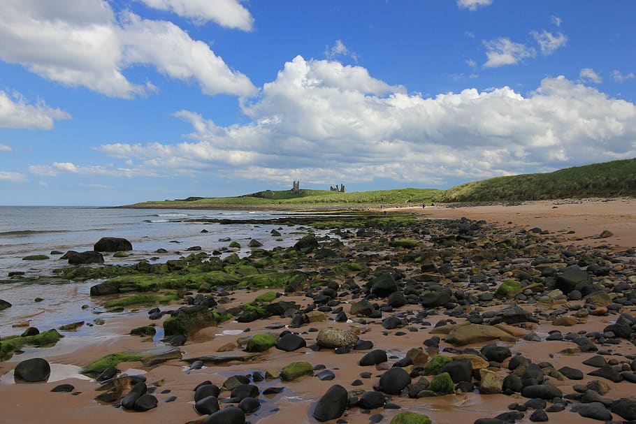 dunstanburgh castle, embleton, northumberland, england, coast, sky, ruin, beach, blue, coastal