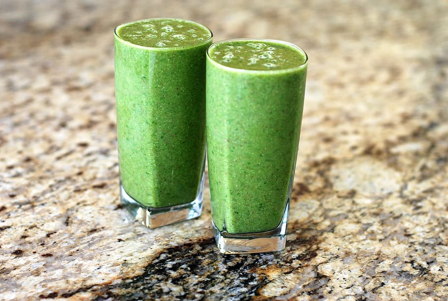 two, clear, glass cup, full, green, smoothie, drink, healthy, food, vegetable