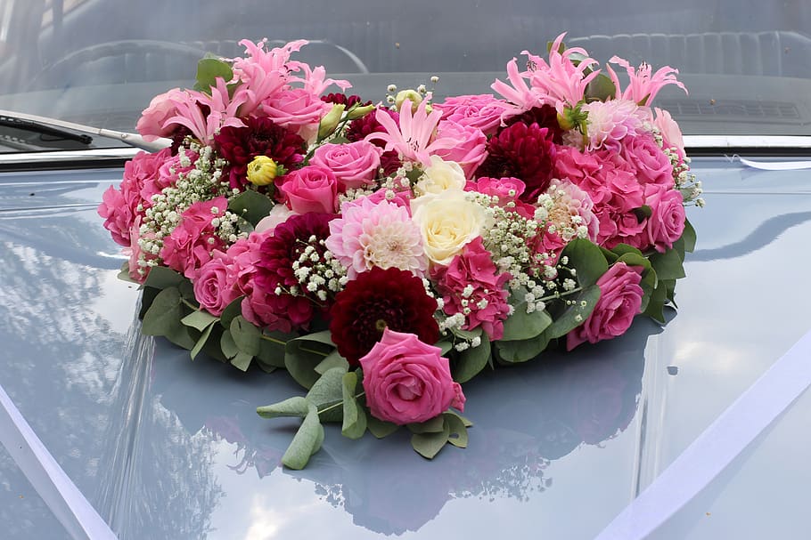 wedding, floral decorations, wedding car, marriage, celebration, heart, roses, flowers, bridal cars, blum tight binding