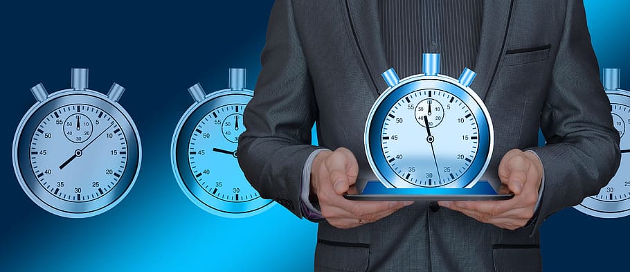 person, holding, blue, gauge, time, businessman, tablet, gears, organization, organize