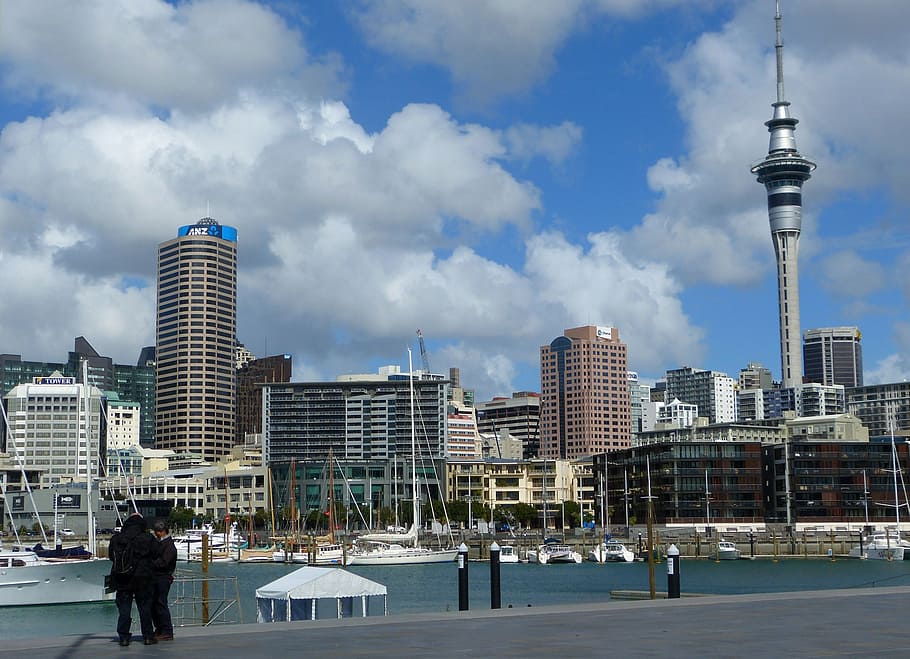Sky Tower Auckland Boat New Zealand Architecture Skyline City