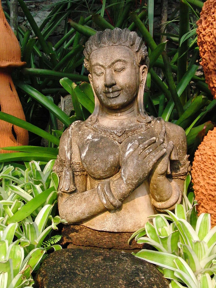 stone woman, statue of woman, statue, sculpture, plants, park sculpture, travel, folklore, thailand, art and craft