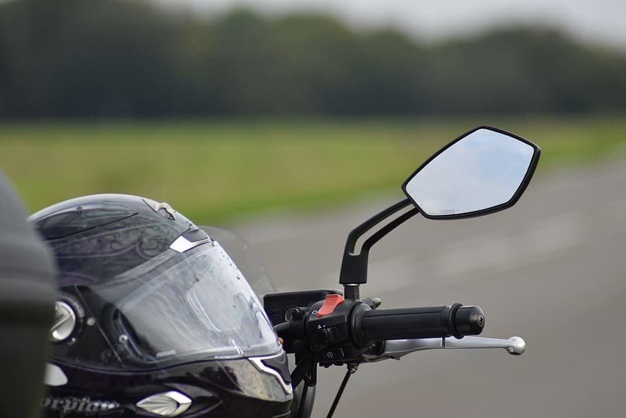 motorcycle, rear view mirror, road, landscape, helmet, ride, vehicle, handlebar, land vehicle, bicycle