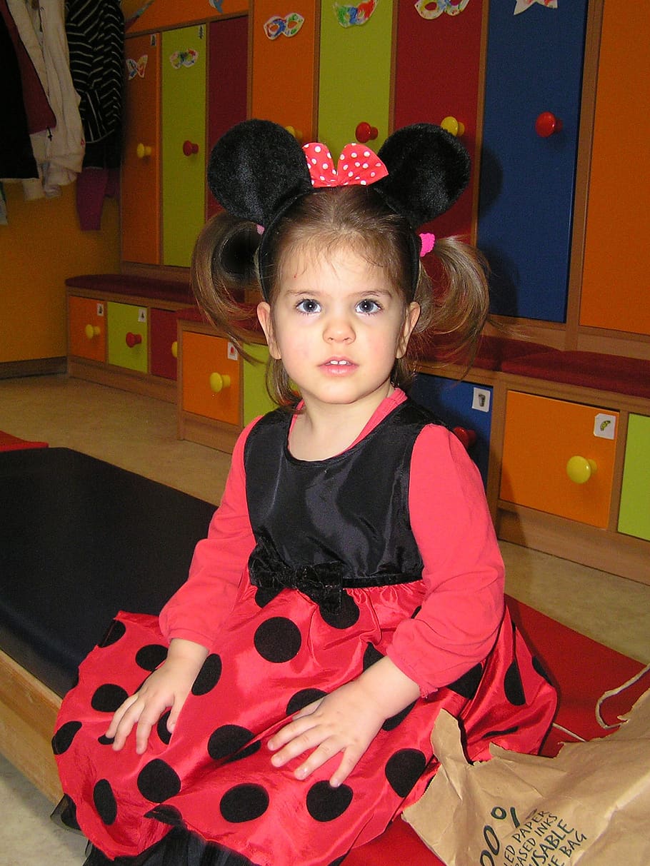little girl, costume, carnival, minnie mouse, child, childhood, indoors, girls, innocence, real people