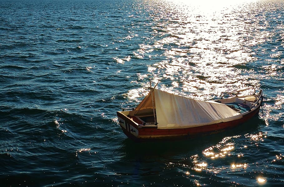 茶色, 赤, ボート, ボディ, 水, 昼間, カバー, 漁船, 海, 太陽