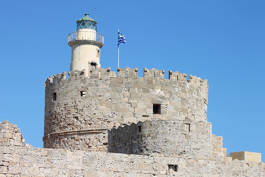 concrete, castle lighthouse, blue, sky, agios nikolaos castle, mandraki, port, rhodes, greece, island