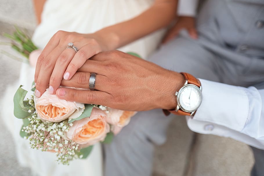 casamento, casal, homem, mulher, pessoas, amor, flor, buquê, anel, relógio