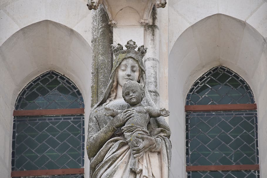 statue mary jesus, statue religious, church, religious place, belief, ancient architecture, religion, heritage, france, la chapelle basse-mer