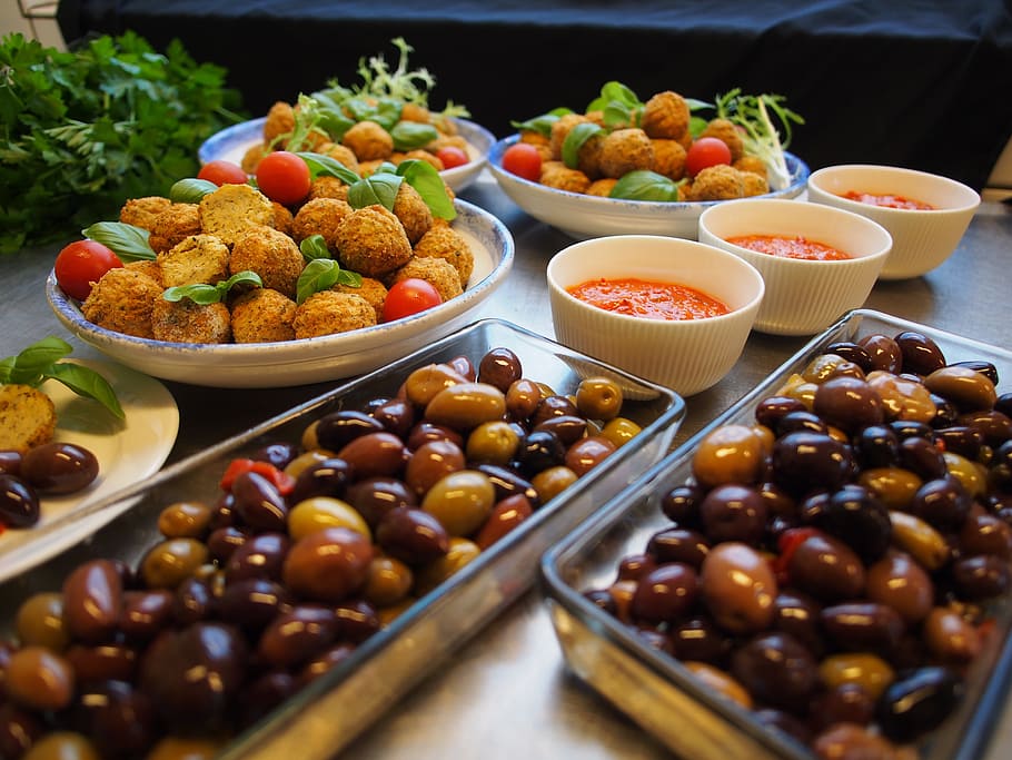 olive lot, falafel, salsa, olive, basil, tapas, food, food and drink, bowl, fruit