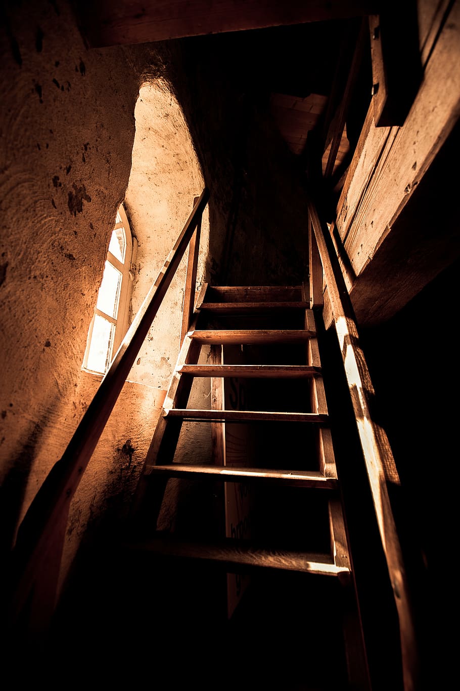 stairs, light, dark, staircase, stairway, interior, windmill, inside, old, handrail