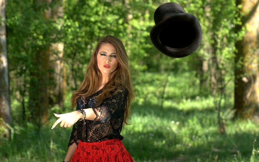 woman, black, lace shirt, red, skirt, throw, hat, woman in black, black lace, shirt