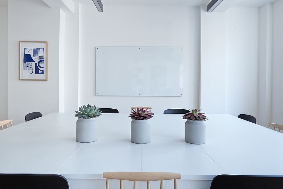 interior, mesa, cadeiras, flor, vaso, parede, moldura, branco, quadro, escritório