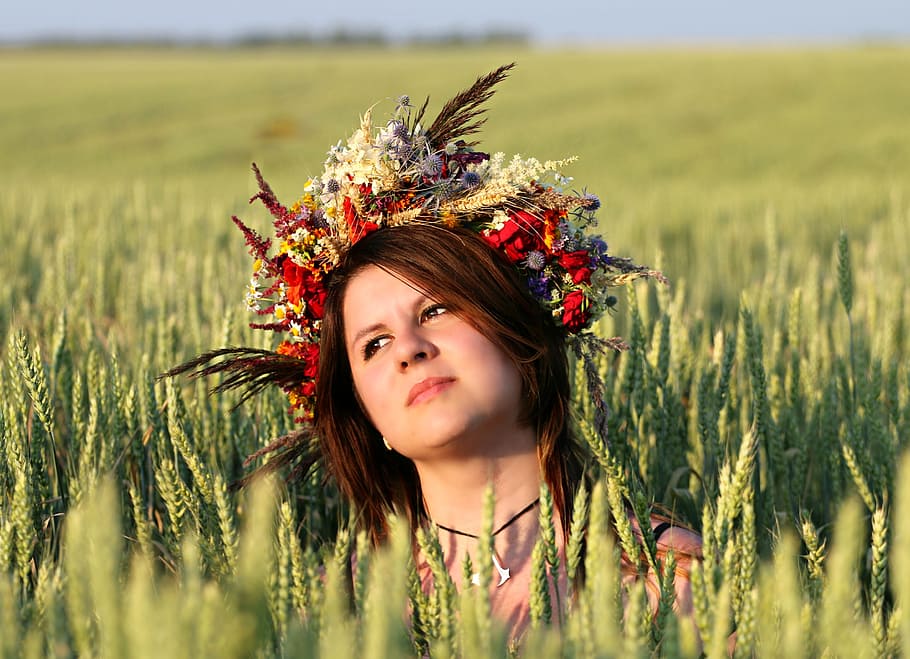 woman, grass field, daytime, wreath, girl, field, flowers, witch, sun, rye