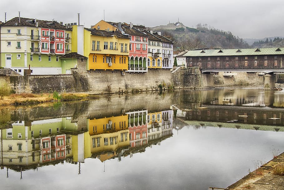 lovech bulgaria, bulgaria, europe, covered bridge, river reflection, pastels, colorful, overcast, cloudy, wooden bridge