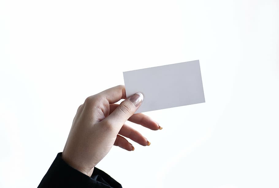 person, left, hand, holding, white, paper, business, card, woman, blank