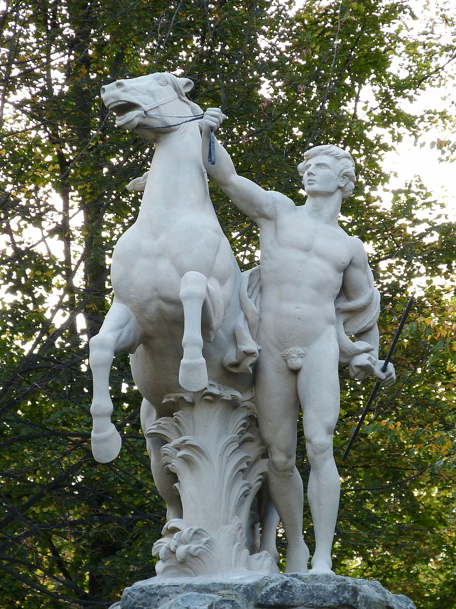 sculpture, horse, figure, statue, art, stone figure, artwork, body, man, park