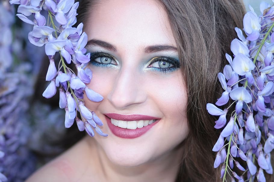woman, long, brown, hair, purple, plant, girl, flowers, violet, blue eyes