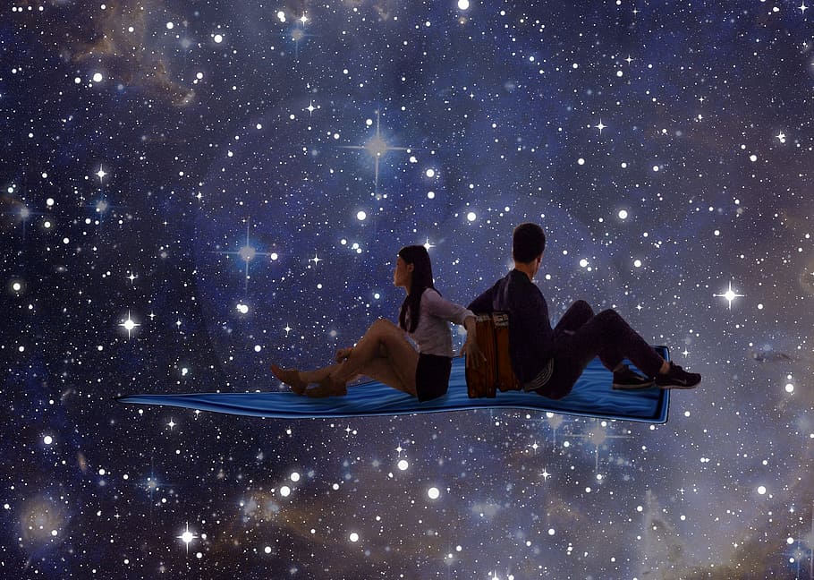 man, woman, sitting, blue, carpet, young couple, stars, space, night, love