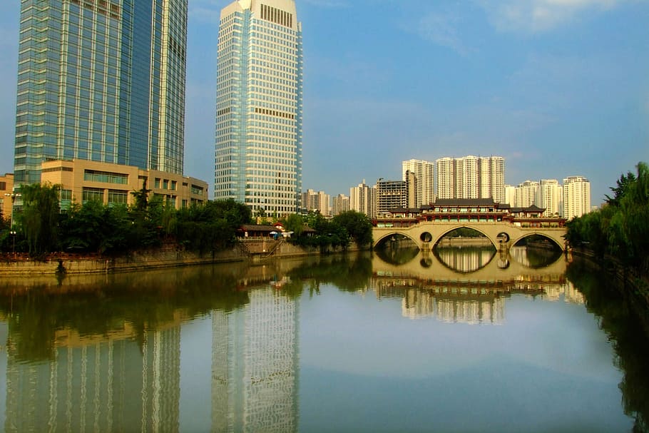 anshunlang bridge, bridge, Jin river, Chengdu, China, anshulang bridge, photos, public domain, reflection, architecture