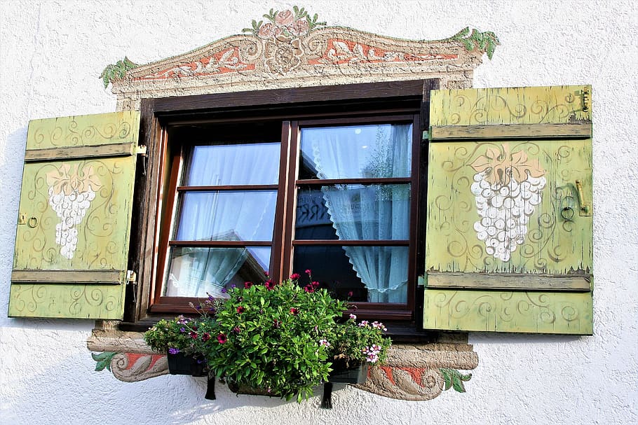 window, shutters, ancient, embellished, painted, antique, bayern, architecture, built structure, building exterior