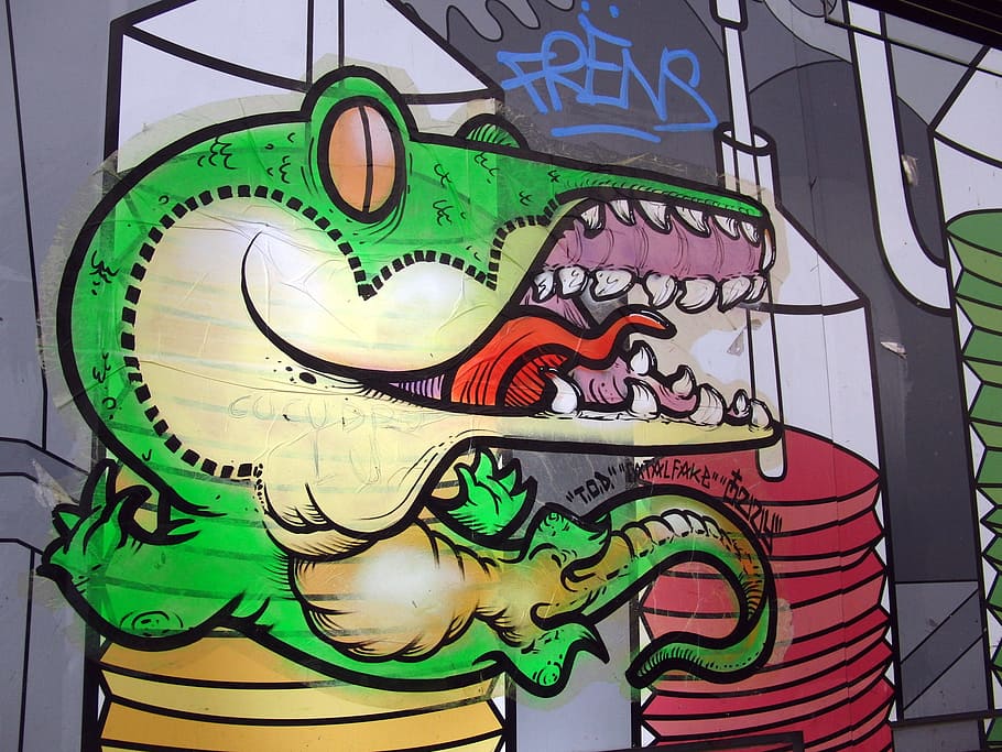 Graffiti, Colorful, Crocodile, Tooth, tongue, wall, multi colored, painted image, close-up, day