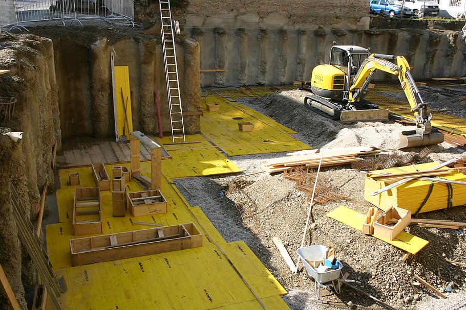 baustellle, formwork, yellow, excavators, build, industry, construction site, construction industry, machinery, earth mover