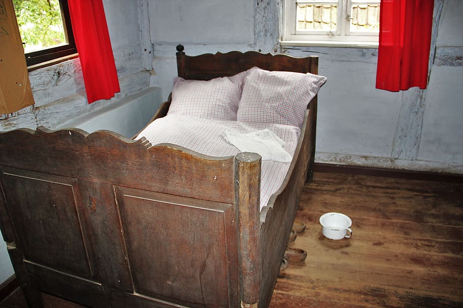 brown, wooden, bed frame, headboard, white, container, bedroom, formerly, a long time ago, wooden bed