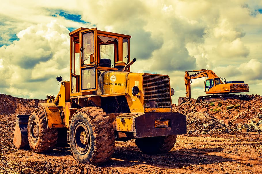 yellow tractor photography, bulldozer, excavator, heavy machine, equipment, vehicle, machinery, yellow, debris, construction site