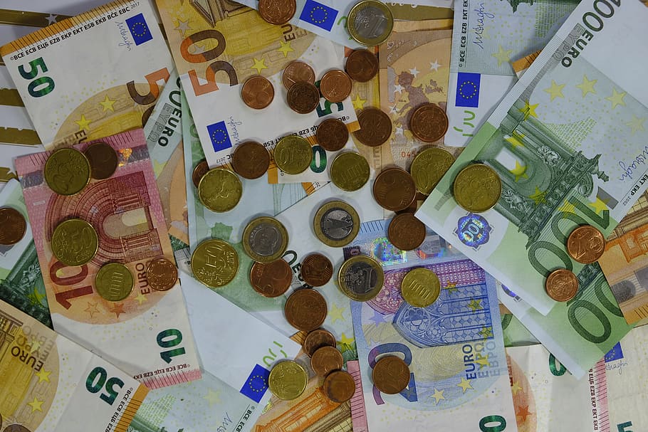 uang, uang kertas, koin, euro, simpan, tabungan, mahal, komersial, omset, untung