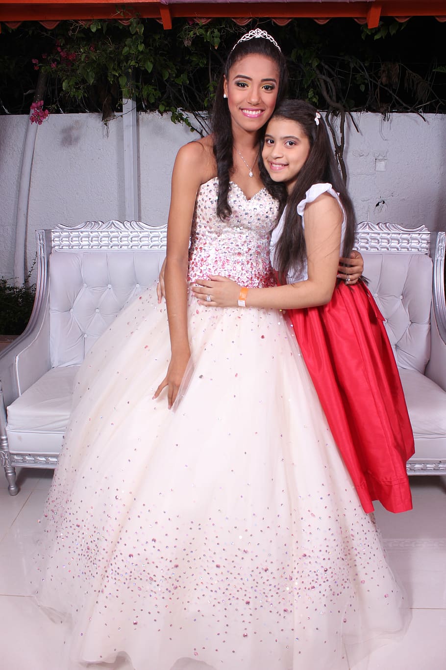 sisters, birthday, 15 years, special moment, girls, white dress, party, women, bride, smiling