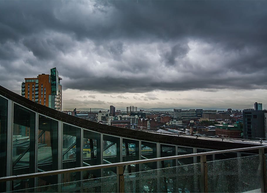 birds eye view, city building, Manchester, Cityscape, storm, architecture, england, skyline, salford, angel square