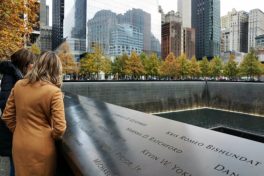 two, women, standing, one, world trade center ground, zero, new york, city, one world trade center, america