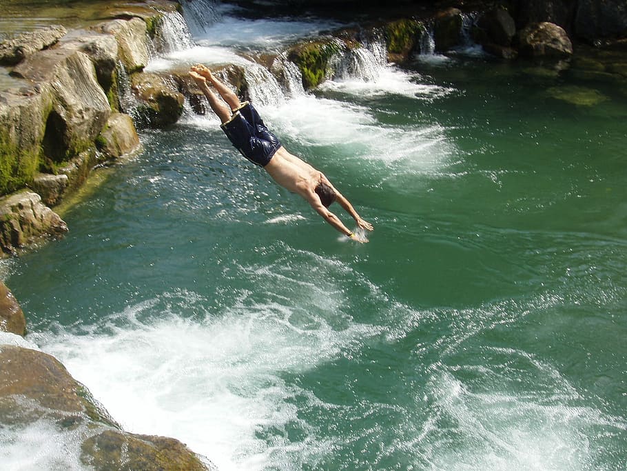 Water, Waterfall, Jump, Plunge, Nature, one person, motion, human body part, sport, sea