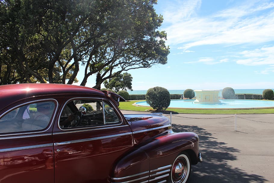 classic, red, vehicle, tree, water fountain, daytime, napier, new zealand, old timer, sky