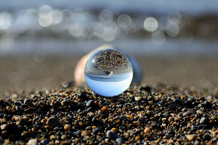 natural, landscape, sea, beach, wave, shell from, glass, glass beads, the bokeh, the world upside down