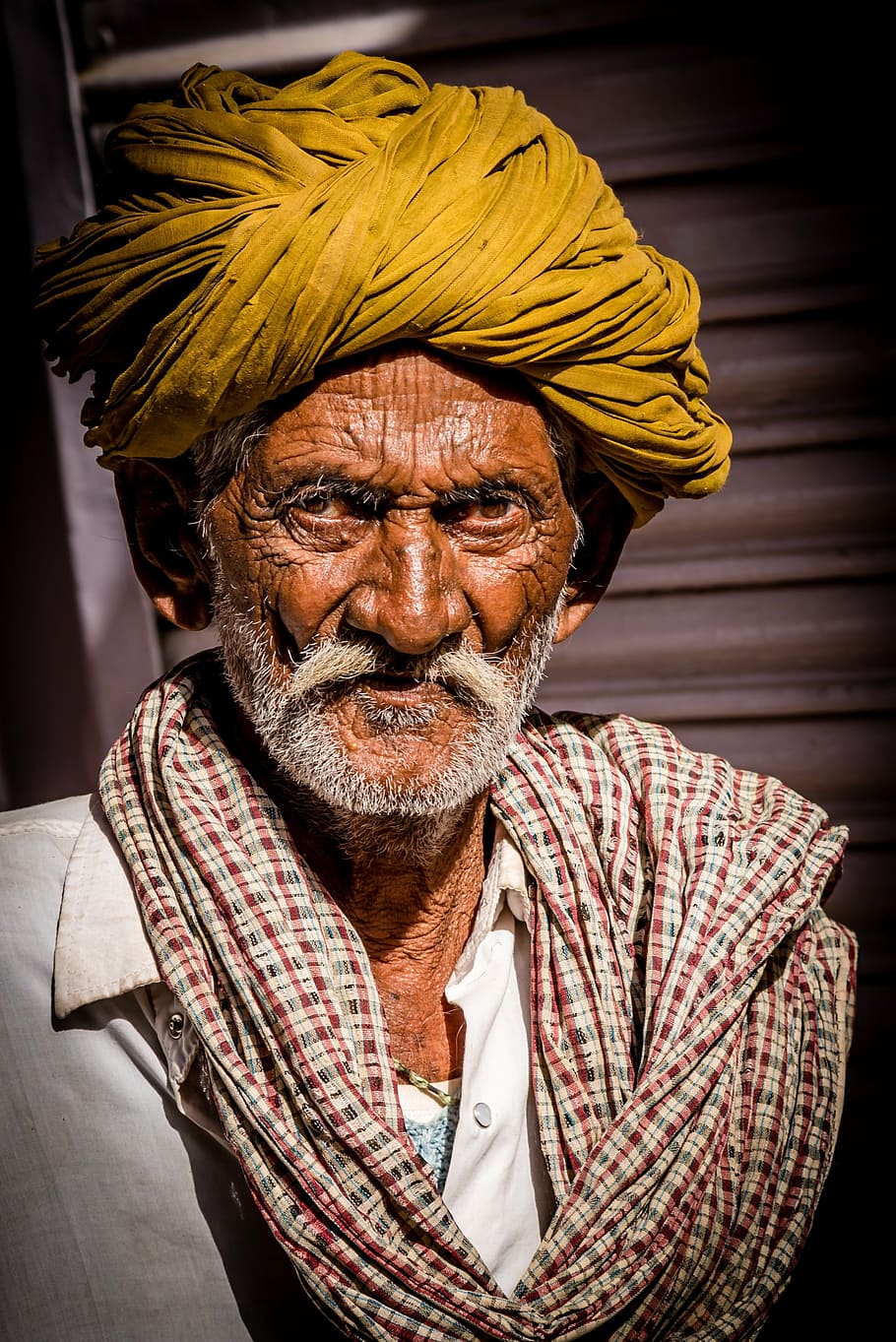 man, wearing, yellow, turban, red, white, plaid, scarf, indians, portrait