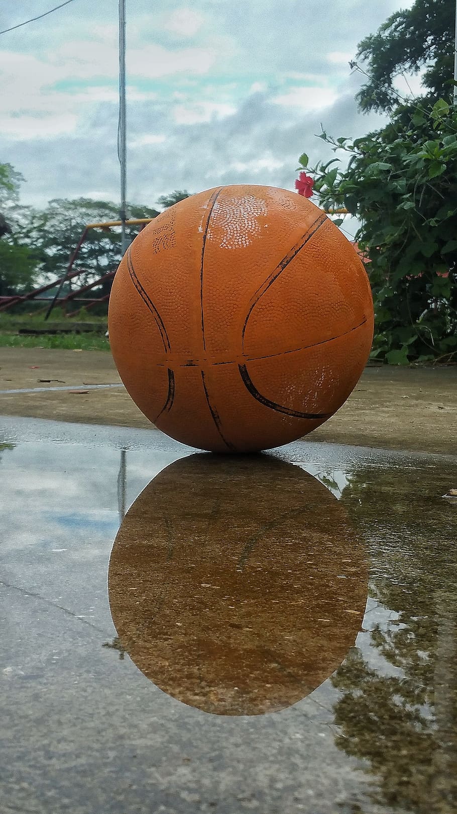 basketball, reflection, water, rain, clouds, ball, orange, lines, basketball - sport, sport