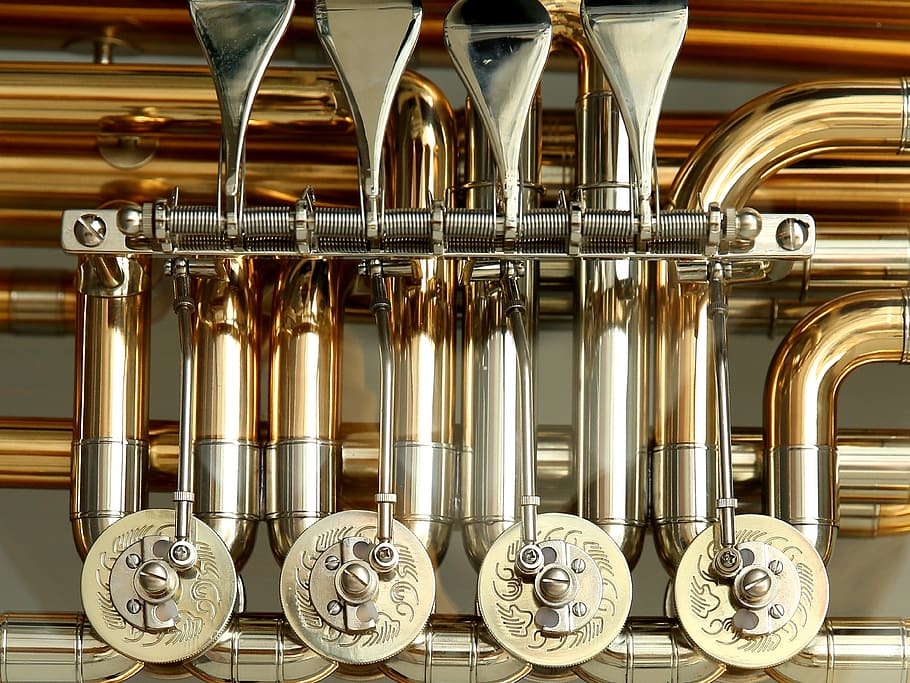 stainless, steel wind instrument, rotary valves, tuba, valves, stimmzug, brass instrument, instrument, gloss, gold
