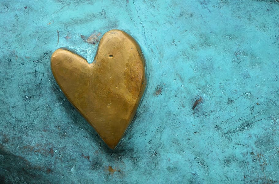 brown, heart logo, teal board, heart, golden heart, background, metal, blue, gold, symbolic