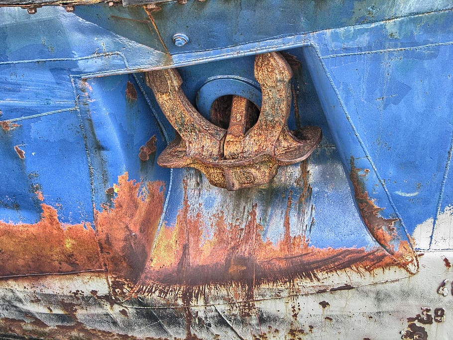 anchor, ship, the ship, boat, hull, naval science, rust, blue, rusty, old