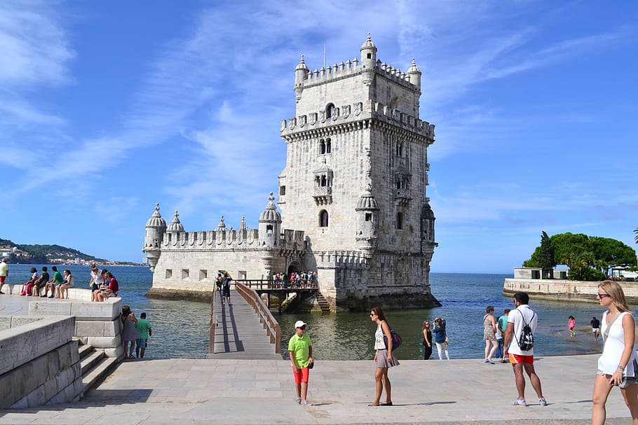 Lisbon, Belém Tower, Old, sky, travel destinations, architecture, incidental people, large group of people, blue, group of people