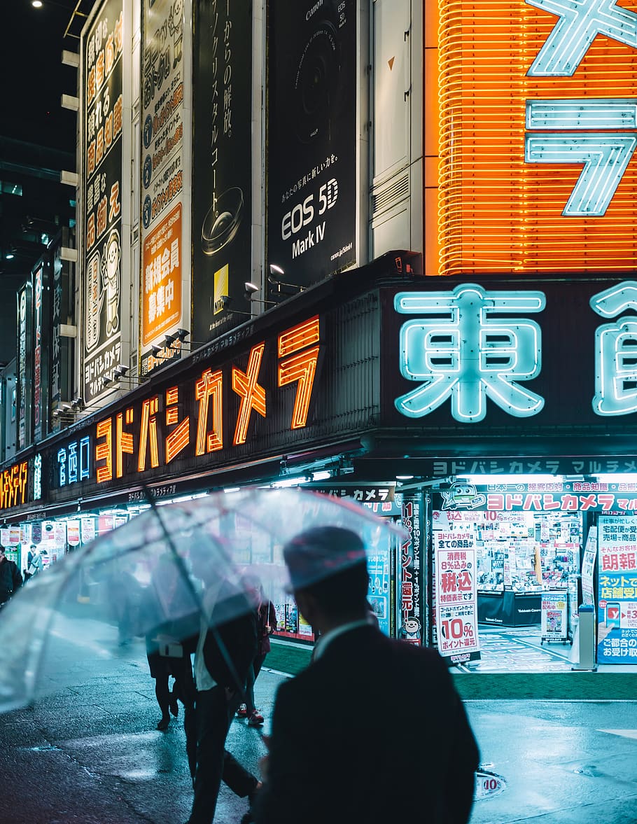 neon, tokyo, street, signs, people, walking, rain, umbrella, weather, city
