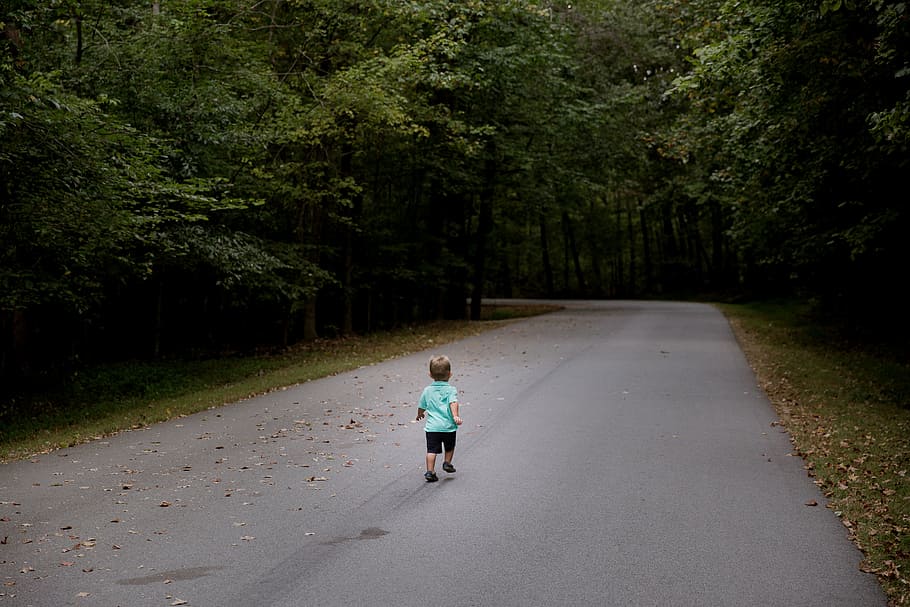 boy, running, road, mid, forest, asphalt, day, time, path, people