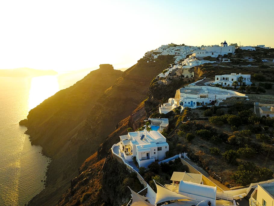 Santorini, pôr do sol, Grécia, incrível, água, arquitetura, natureza, exterior do edifício, mar, estrutura construída